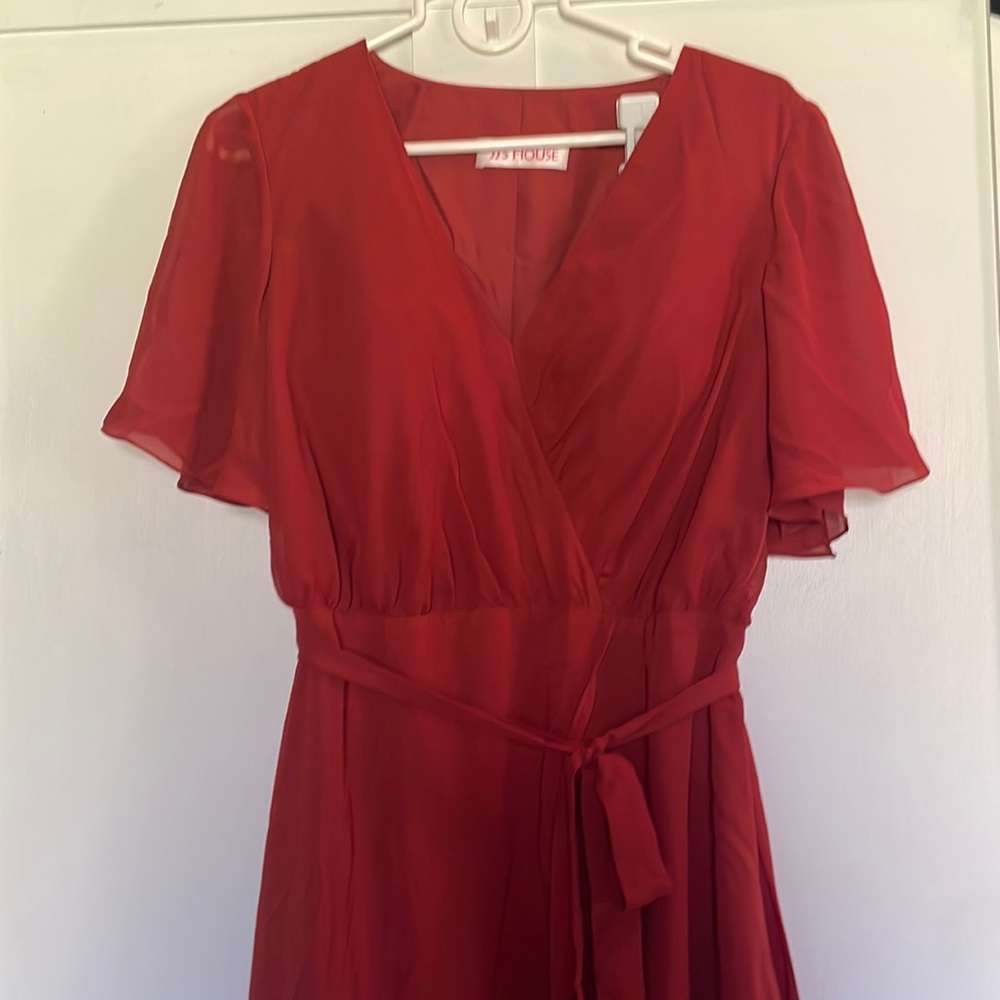 JJ’s House Bridemaid dress in Rust, size 14. Built in bra. High low with slit.